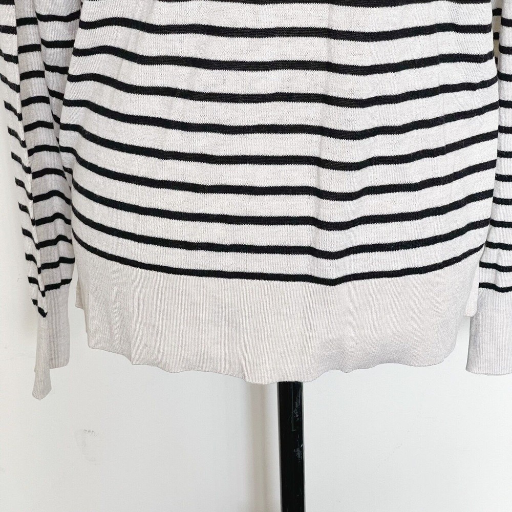 Loft Womens  Sweater Medium Cardigan Button Down Striped Beige Wool Blend Ribbed - Picture 5 of 12